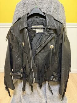 Black Leather Fringe Jacket – Western / Biker Style – Size 44