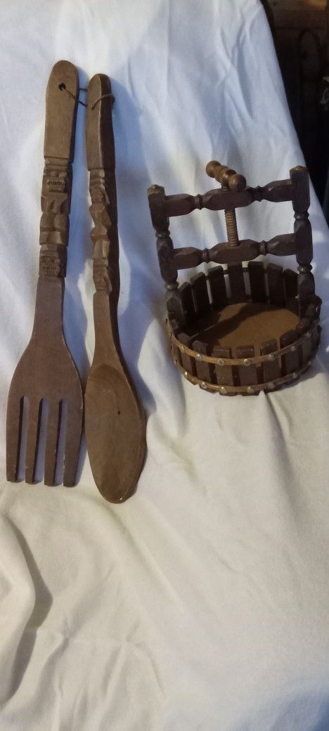 Vintage hand carved Tiki Wooden Spoon And Fork Wall Hangings And Vintage Wooden Nutcracker
