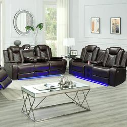 2pc Sofa + Loveseat With Power Recliner Seats + Bluetooth Speakers + LED Lights