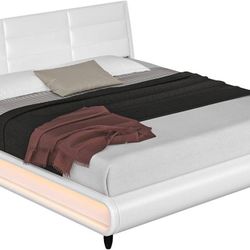 Upholstered Platform Bed Frame with LED Lights and Adjustable Headboard