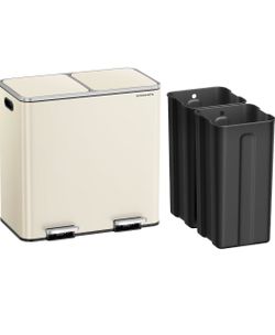 Trash Can, 2 x 10.6 Gallon (2 x 40 L), Almond Color Garbage Can for Kitchen, with 15 Trash Bags, 2 Compartments, Plastic Inner Buckets and Hinged Lids
