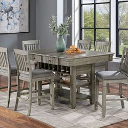 7 PIECE COUNTER HEIGHT DINING TABLE SET WINE STORAGE WIRE BRUSHED FINISH MODERN FARMHOUSE