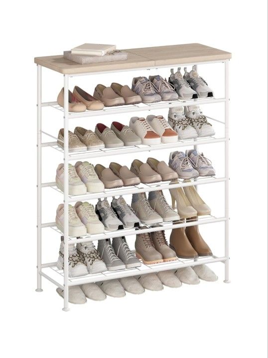 SUOERNUO Shoe Rack Organizer 6 Tier for Closet Entryway Free Standing Metal Storage Shoe Shelf with MDF Top Board，White+Oak