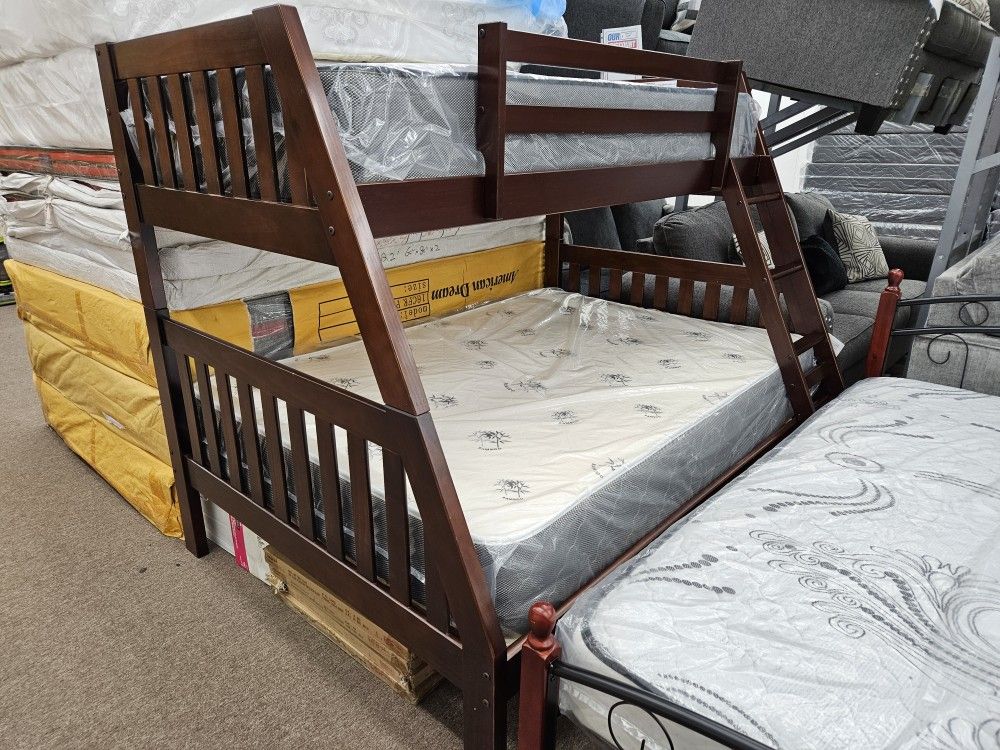 Financing Available Twin Over Full Wooden Bunk Bed Including Mattresses Package Special