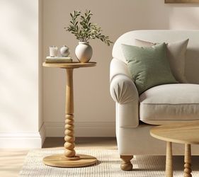 Round Wood Bobbin Pedestal Side Table