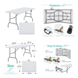 MELLCOM 6FT Heavy-Duty Folding Table with Handle – Portable White Utility Table