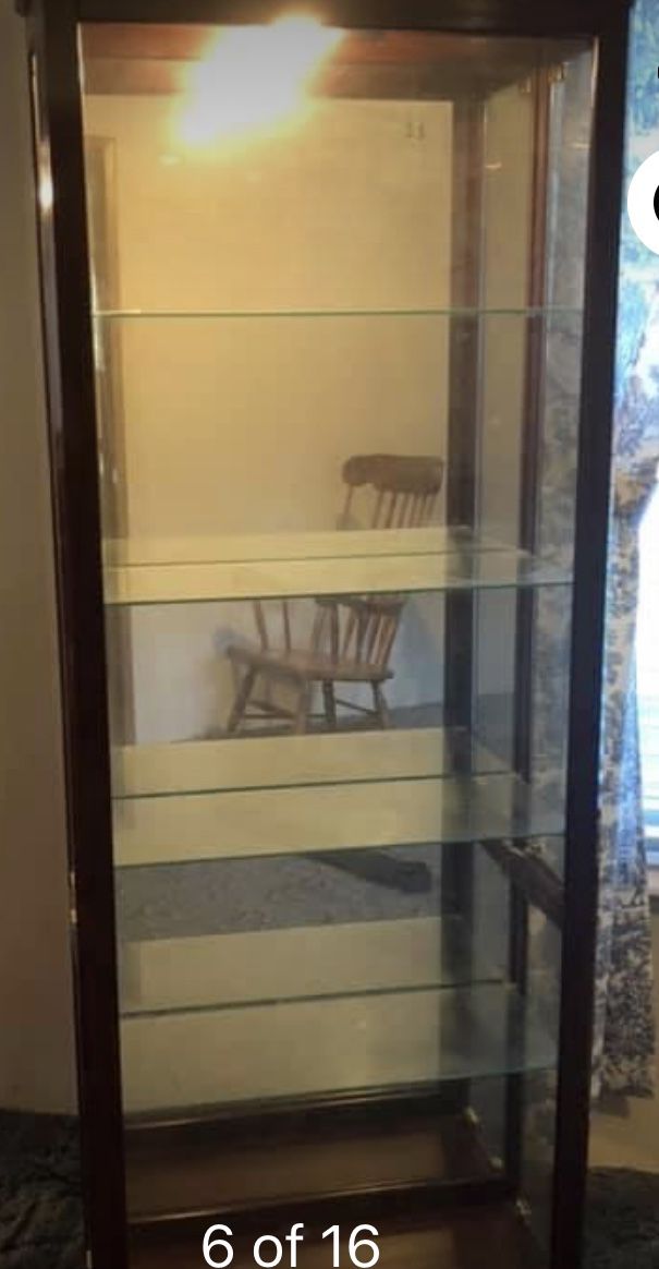 Curio Cabinets 5 Shelf Curio Cabinet with Mirrored Back & Can Lighting 4 adjustable glass shelves Only issue with cabinet is left side holds the gl