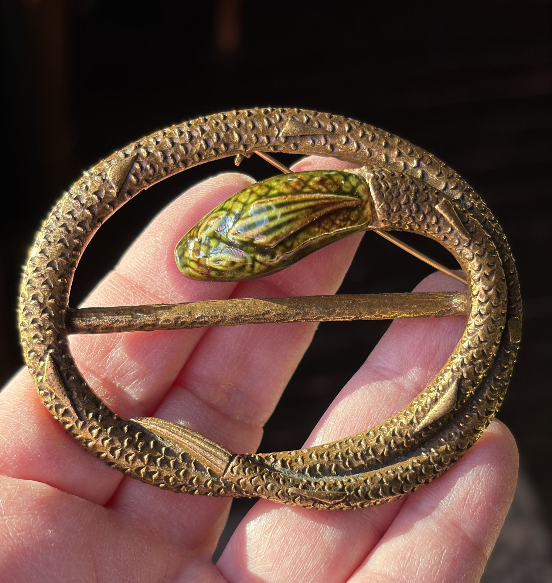 c.1900Art Nouveau Brass Snake Sash Buckle w/ Green enamel head, green eyes