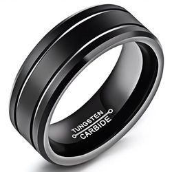 Men's 8mm Tungsten Carbide Black Grooved Comfort-Fit Engagement Wedding Band