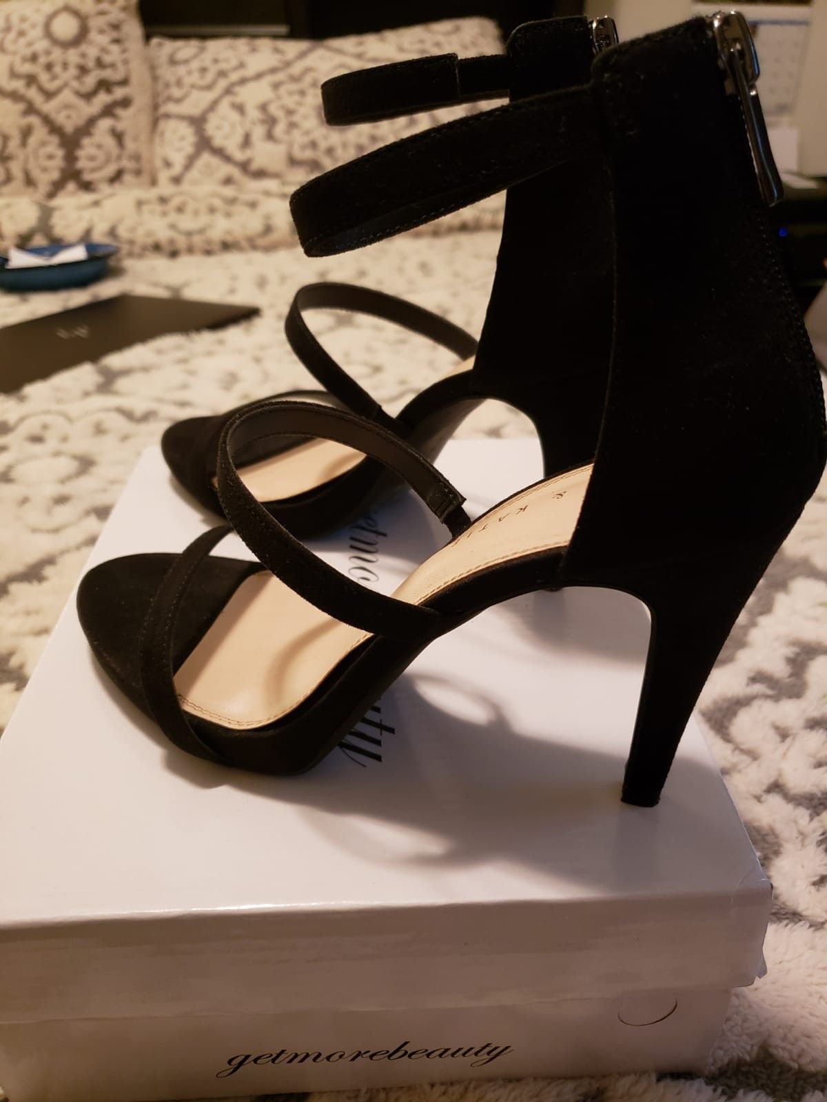 Kelly & Katie Black Three Strap Suede Heeled