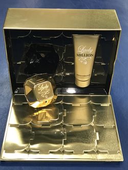 100 % AUTHENTIC LADY MILLION BY PACO RABANNE FOR WOMEN. LARGE SIZE GIFT SET INCLUDES 2.7OZ PERFUME AND 3.4OZ BODY LOTION. ORIGINAL BRAND NEW IN THE B
