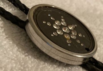 Vintage Metal Bolo Tie, Chrome, Thick, Sparkly Stones, Nice Design, 1 3/4" x 1 3/4", Nice Design, Made in USA, Quality, Heavy Duty, Country & Western,