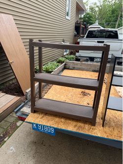 Plastic Shelving Unit, Brown, 3 Shelves, 30 w , 10 deep, 33 high, $10