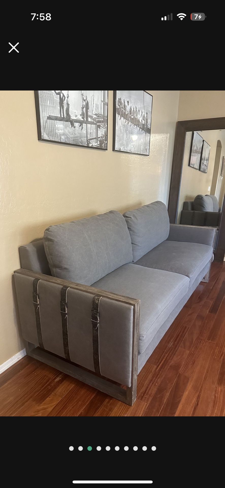 A.R.T. Furniture Gray Linen Sofa sw/ Wood Trim & Straps -