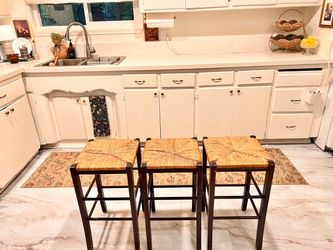 Set of 3 wood wicker Seat Counter Stools straw wicker with wood legs in espresso brown