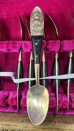Desserts Siam Flatware Set Thailand Vintage 19 Pieces Bronze/Brass W/ Wooden Box