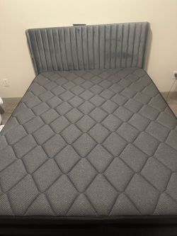 Queen Bed Frame with Velvet Headboard and Mattress