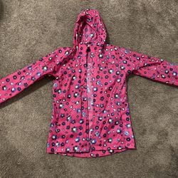 Girl’s Lands End Bright Pink Floral Hooded Rain Jacket - Size L(14) - Like New