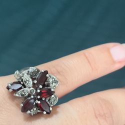 Vintage Garnet Marcasite Ring 5 Asymmetrical stones sterling silver  925 size 7