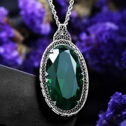 925 Sterling  silver large emerald Oval pendant  necklace