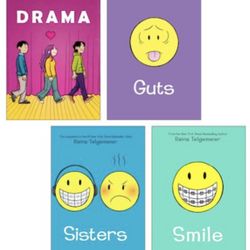 4 Books Set - Raina Telgemeier Graphic Fiction complete set: Smile, Sisters, Guts, and Drama - RARE = $10 each OR 35.00 for ALL