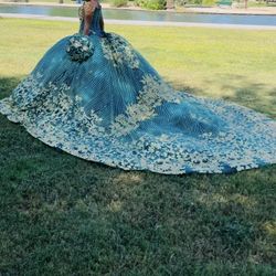 Jade Blue & Gold Quinceañera Dress
