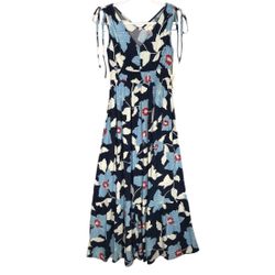 Jessica Simpson Dress Womens Blue Maxi Bloom Tiered Tropical Flowy Ruched Med