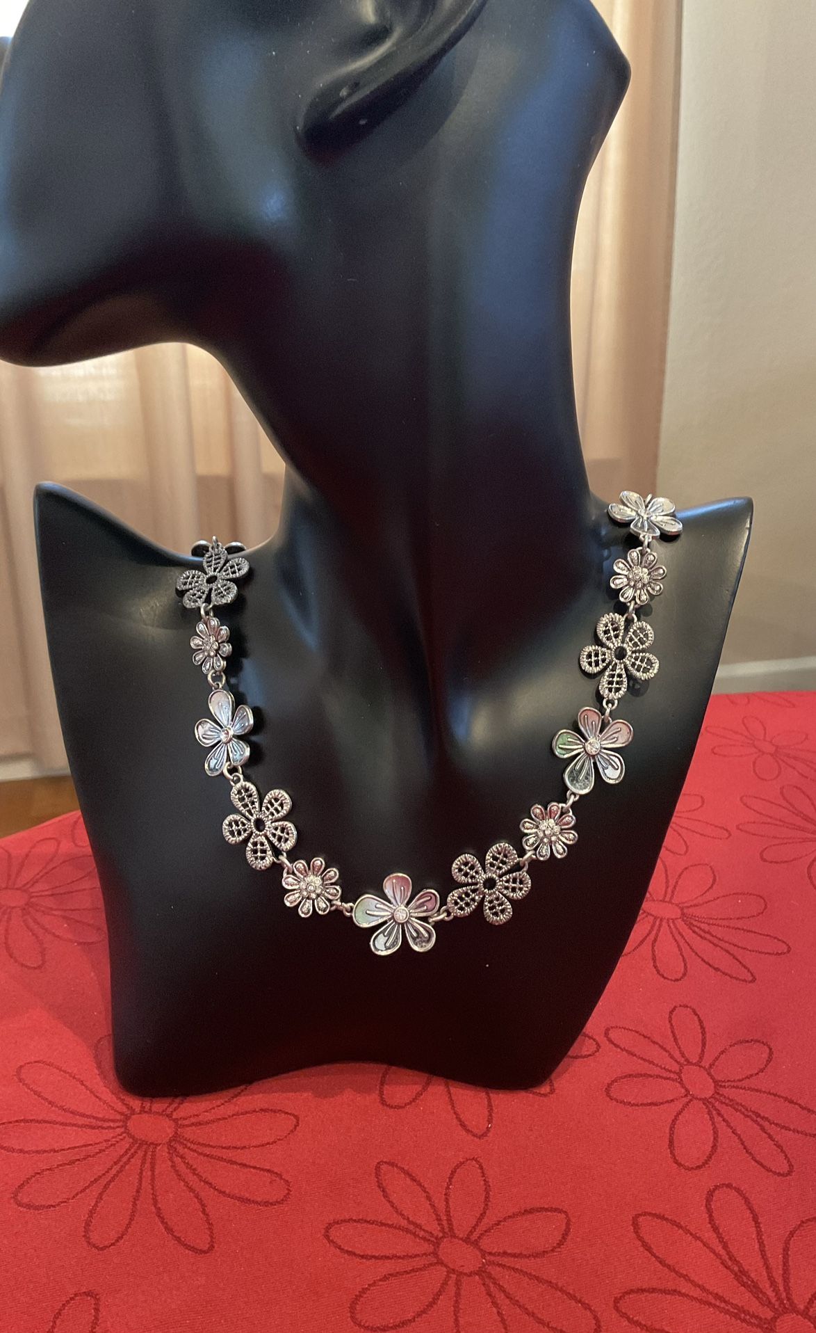 Vintage Premier Designs Flower Chain Necklace Long Silver Tone Clear Rhinestone Accents