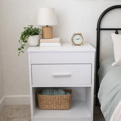 2 white nightstand/ end tables with drawer, shelf,  charging station,  and led lights