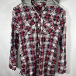 Women Checkered Plaid Pattern Shirt Long Sleeve Top Button Up Hoodie Look Large