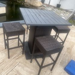 High top patio table with 4 stools and storage