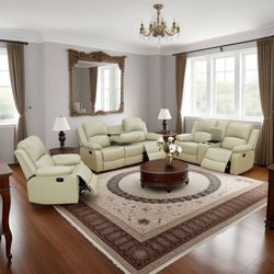 Beige Recycled Leather 3-Piece Couch Living Room Sofa Set