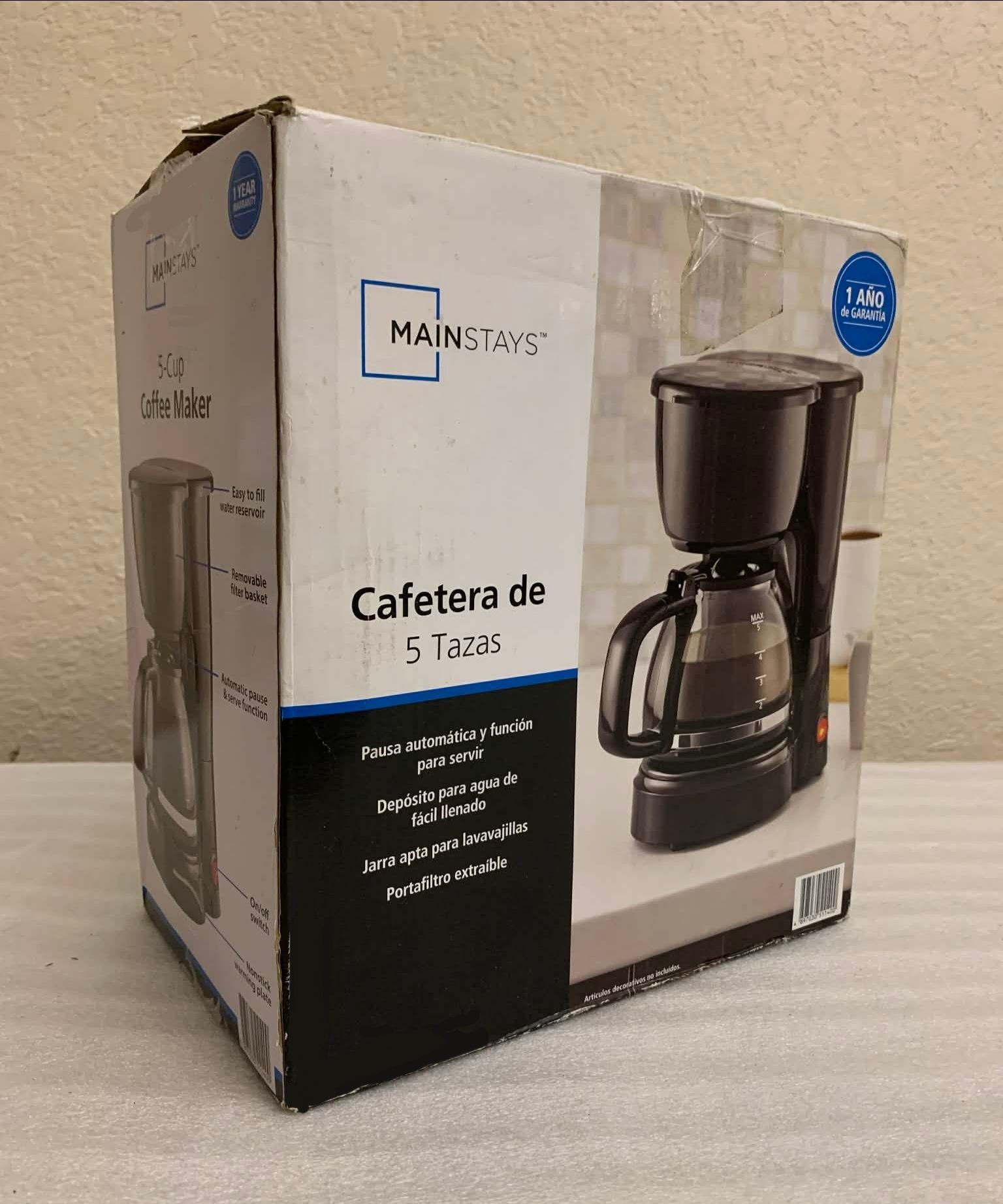 Mainstays Coffee Maker, 5 Cups with Glass Carafe, Brand New in the Box