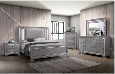 Gray Upholestry Bedframe W Wooden Dresser, Nighstand And Chest