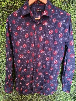 Express Navy Button-Up Shirt with Pink Floral Print