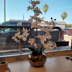 White Faux Flowers In Gold Pot 