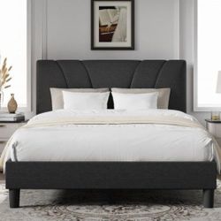 King Size Bed Frame with Adjustable Headboard Platform King Bed Frame Linen Fabric Upholstered Headboard, No Box Spring Needed, Noise-Free