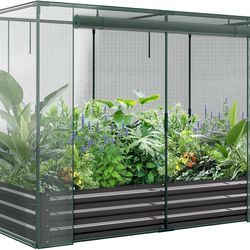 Crop Cage with Raised Garden Bed, 84.6" x 45.3" x 59" Plant Protection Tent Garden Cages with Window, 2 in 1 Galvanized Raised Garden Bed Kit and Mesh