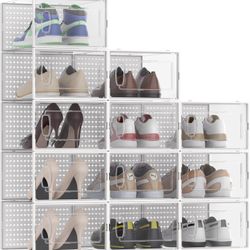12 Pack Large Shoe Storage Box Organizer for Closet, Versatile Clear Plastic Stackable Sneaker Shoe Rack