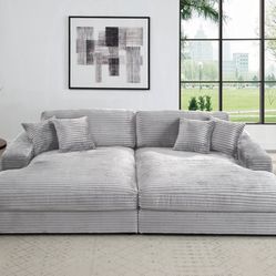 Brand New Light Grey Super Plush Corduroy Double Chaise Sofa 