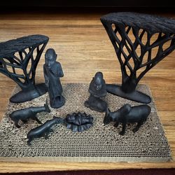African Nativity Scene Hand Carved Black Wood 9pc