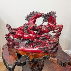 Rare Asian Large Mandarin Red Resin 3 Galloping Horses Figurine Mahogany Red 22 Lbs