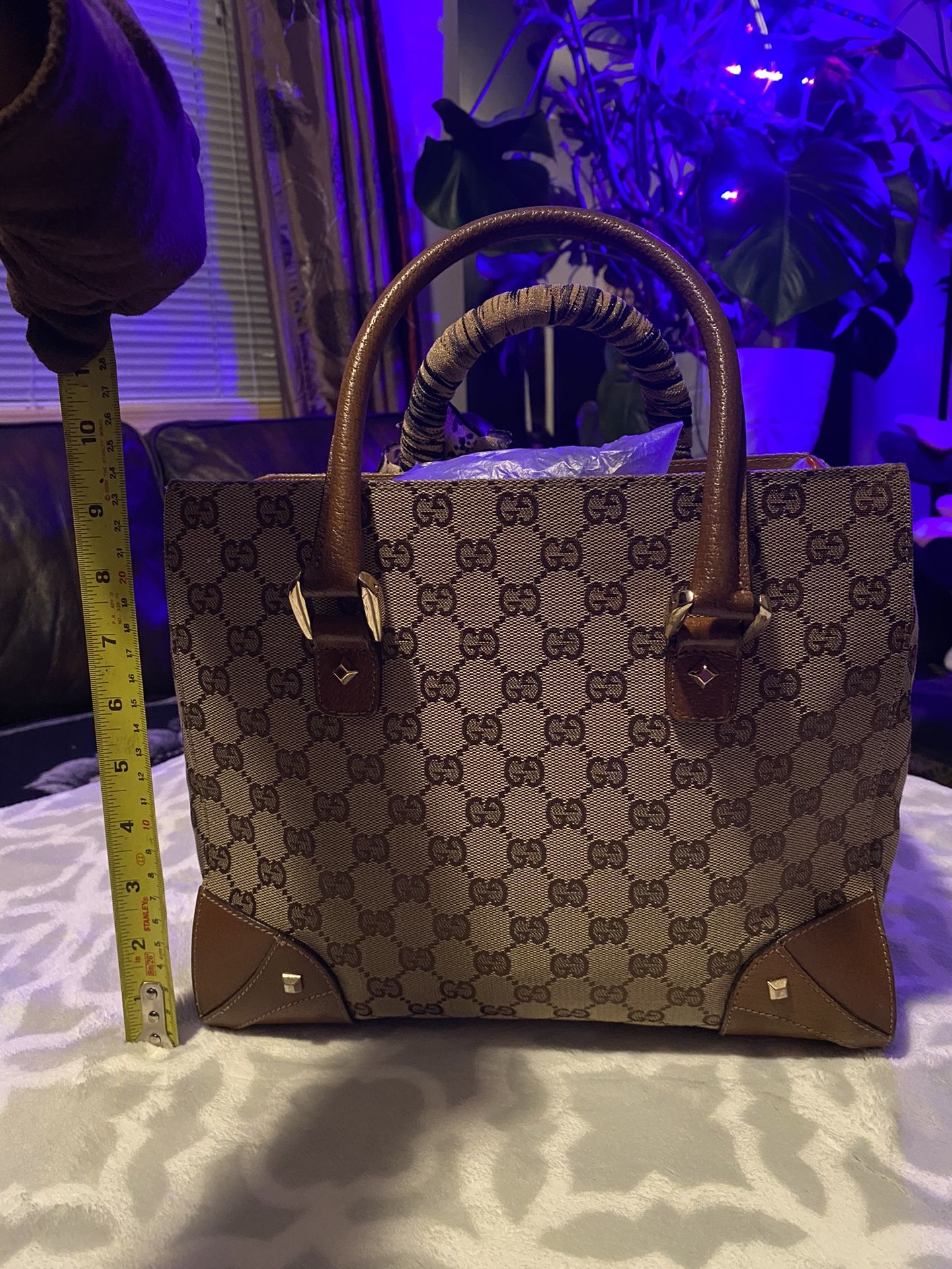 GUCCI TAN LEATHER GG MONO CANVAS GUCCISIMA TOTE BAG