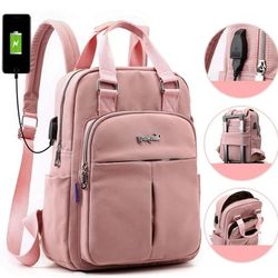Women Large Capacity Laptop Backpack With USB Charging For School & Travel, Pink