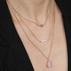 Natural Stone Pearl And Crescent Moon Gold Layered Necklace