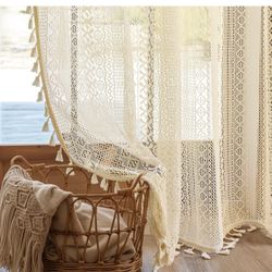 🔥Brand new🔥 Boho Curtains Crochet Lace Semi-Sheer Hollow Out Knitted Tassels Curtain 84 Inch Length 2 Panels Set for Living Room, Vintage Bohemian L