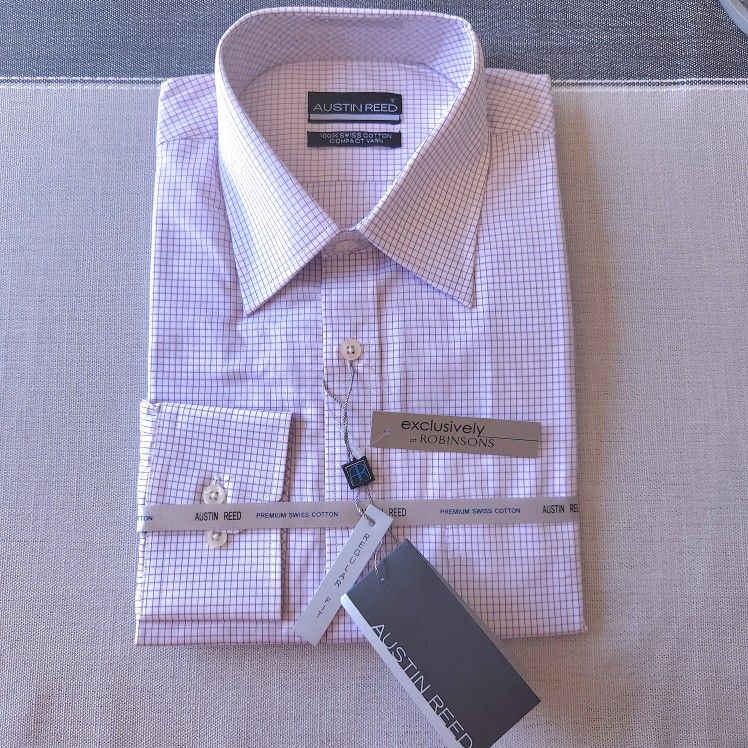 NWT Austin Reed Men's Swiss Cotton White Dress Shirt w/ Purple Plaid Neck Sz 16 