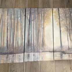 Three piece canvas tree wall art, light blue, grey tones. 