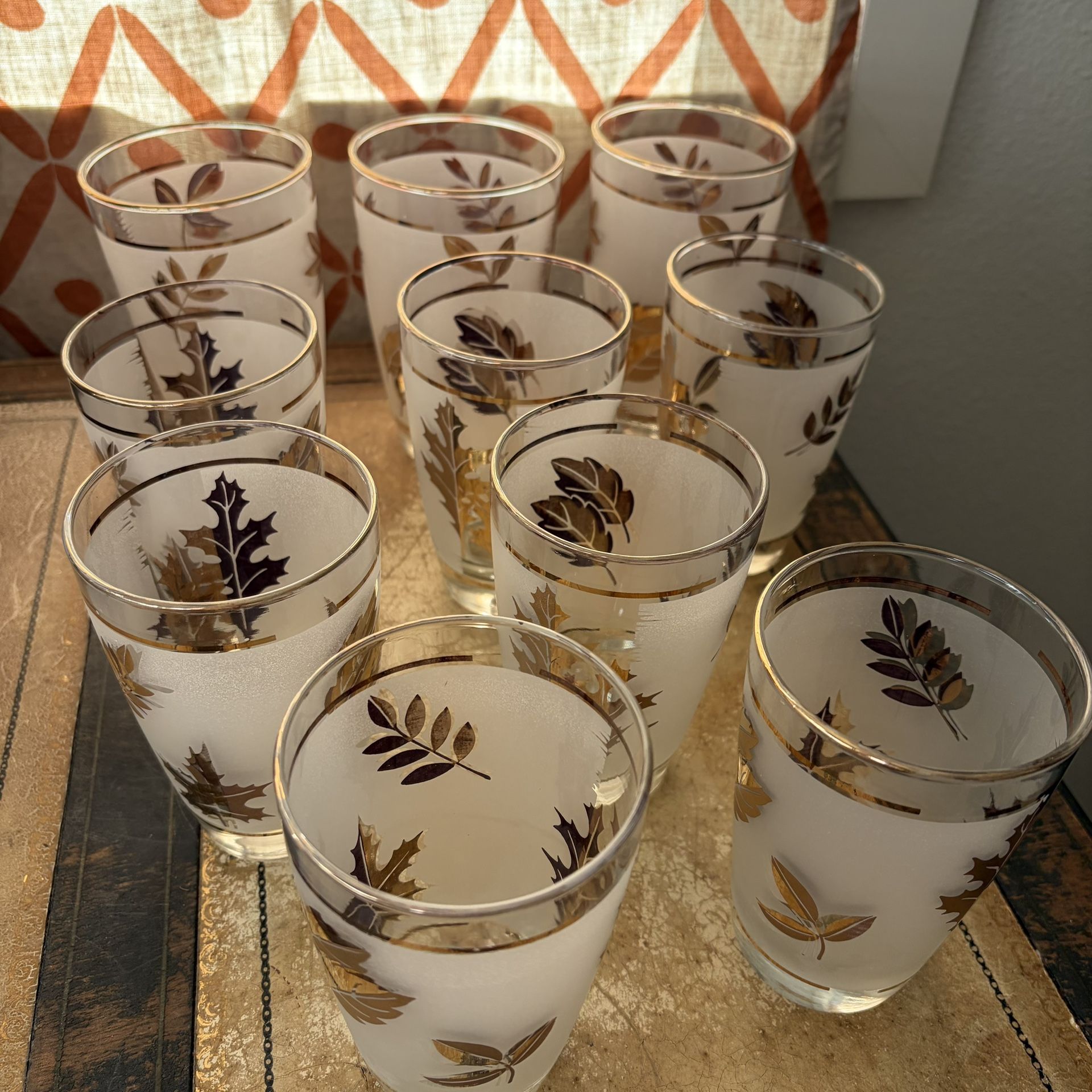 10 Vintage Libbey Glasses Gold Leaf Golden Foliage
