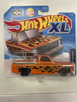 2026 Hot Wheels XL '83 Chevy Silverado Squarebody Orange W/ Flames 1:43 Scale